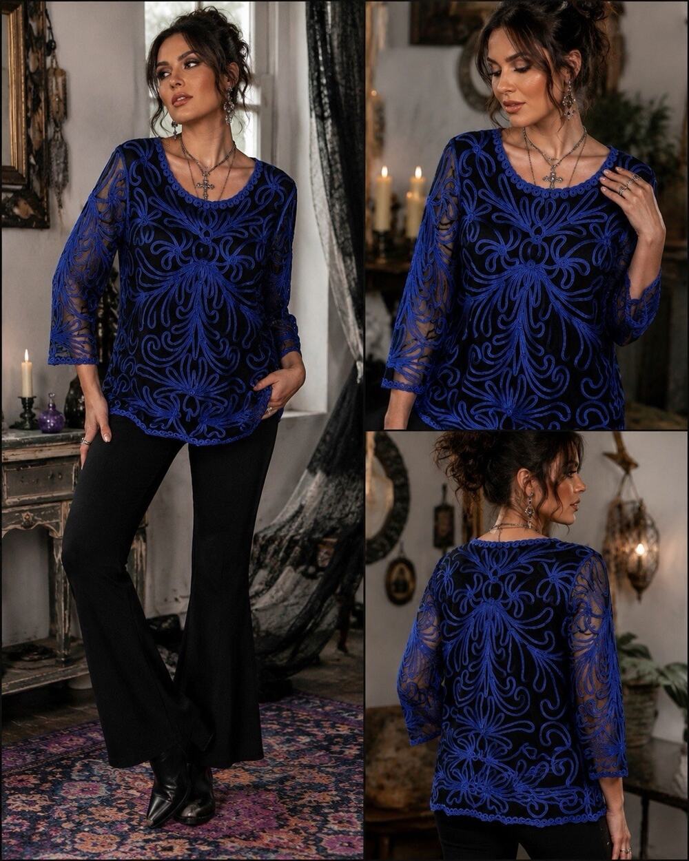 Weavz Semi Sheer Long Sleeve Blue Black Blouse Soutache Sz L Romantic